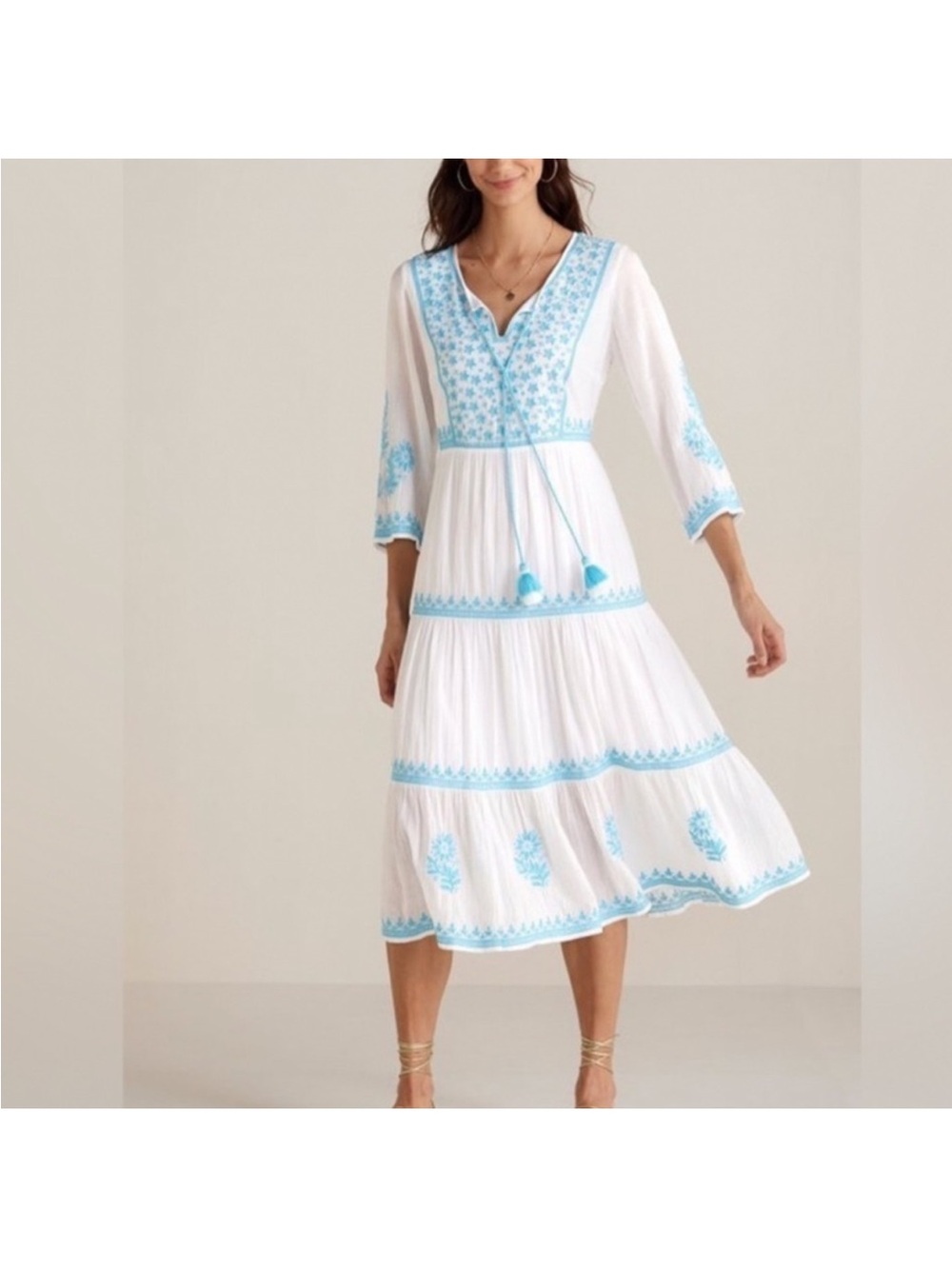 Soft Surroundings S White Blue Embroidered Midi Dress